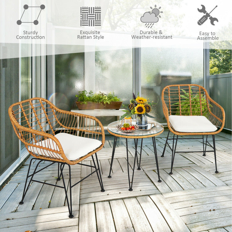 3 Pieces Rattan Furniture Set With Cushioned Chair Table - SNAK HOME