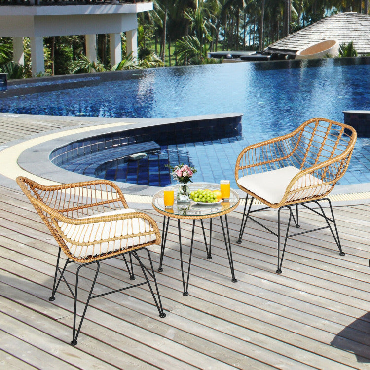 3 Pieces Rattan Furniture Set With Cushioned Chair Table - SNAK HOME