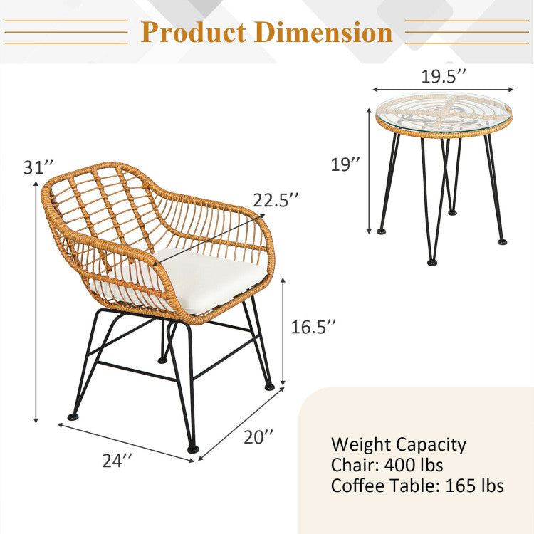 3 Pieces Rattan Furniture Set With Cushioned Chair Table - SNAK HOME