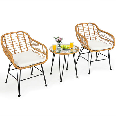 3 Pieces Rattan Furniture Set With Cushioned Chair Table - SNAK HOME
