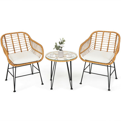 3 Pieces Rattan Furniture Set With Cushioned Chair Table - SNAK HOME
