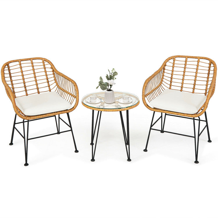 3 Pieces Rattan Furniture Set With Cushioned Chair Table - SNAK HOME