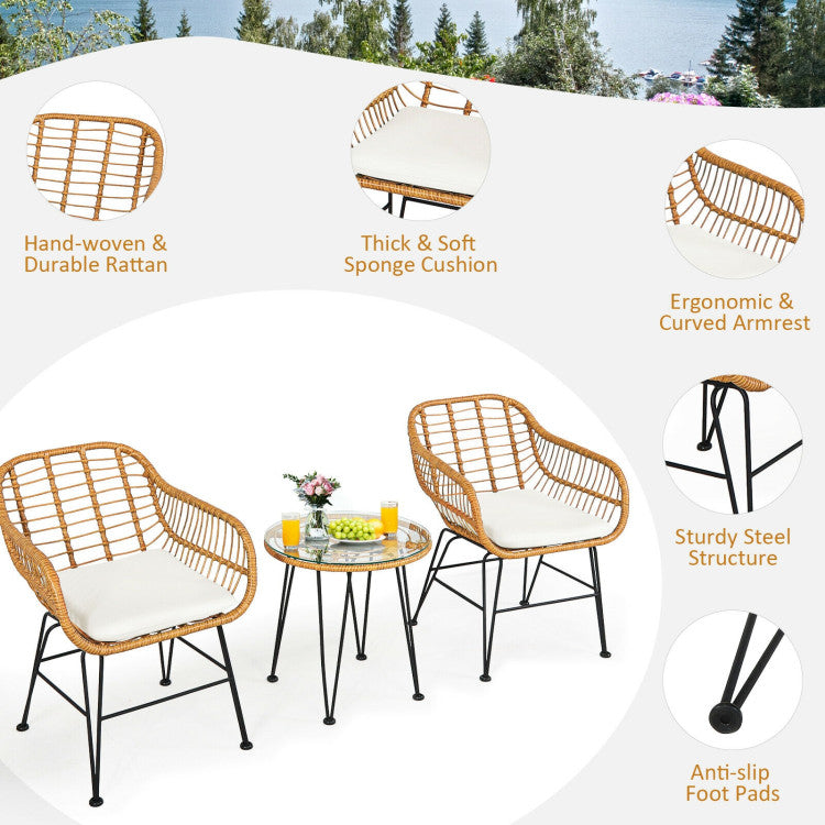 3 Pieces Rattan Furniture Set With Cushioned Chair Table - SNAK HOME