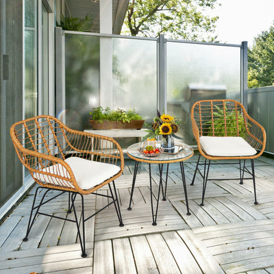 3 Pieces Rattan Furniture Set With Cushioned Chair Table - SNAK HOME