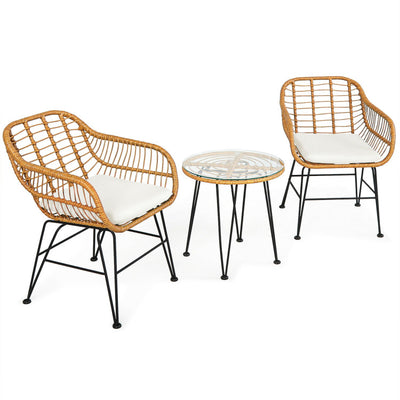 3 Pieces Rattan Furniture Set With Cushioned Chair Table - SNAK HOME