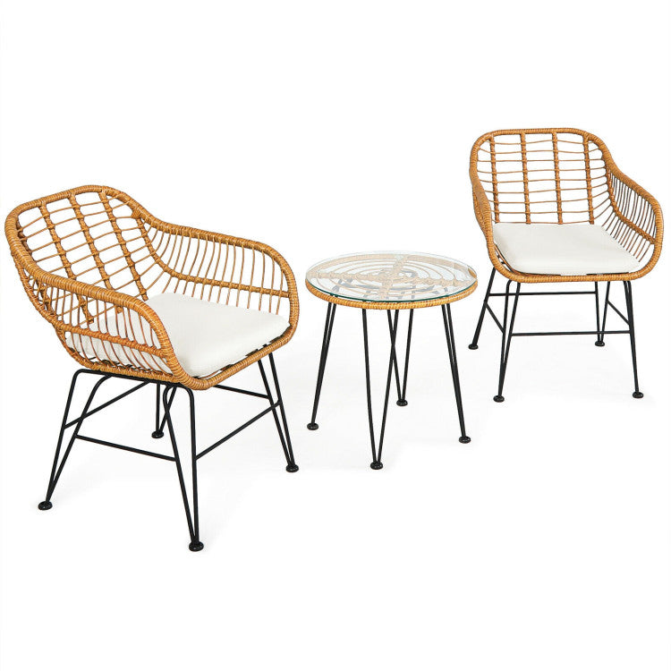 3 Pieces Rattan Furniture Set With Cushioned Chair Table - SNAK HOME