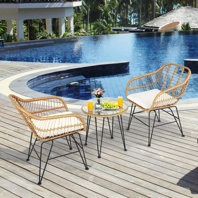 3 Pieces Rattan Furniture Set With Cushioned Chair Table - SNAK HOME