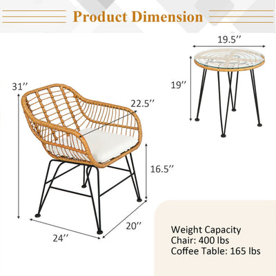 3 Pieces Rattan Furniture Set With Cushioned Chair Table - SNAK HOME